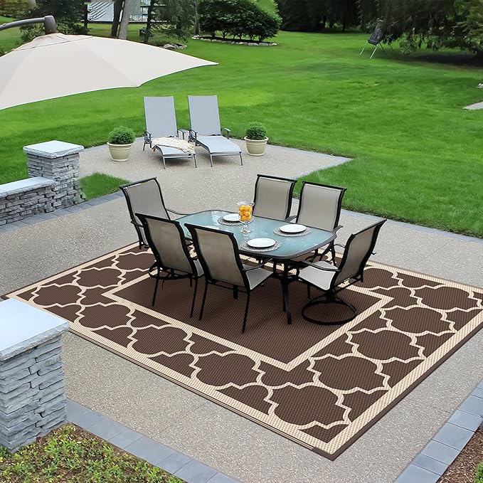 GENIMO 9' x 12' Outdoor Rug Waterproof for Patio Decor, Foldable Reversible Plastic Straw Area Rugs Mat for Camper, Outside Carpet for Rv, Deck, Porch, Picnic, Beach, Balcony, Coffee & Beige-HomvellaHome