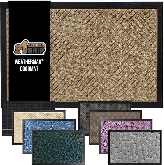 GORILLA GRIP 100% Waterproof All-Season WeatherMax Doormat US Designed Natural Rubber, Stain and Fade Resistant, Low Profile Indoor Outdoor Door Mats, Easy Clean Patio Mat, 17x29, Beige Diamond-HomvellaHome