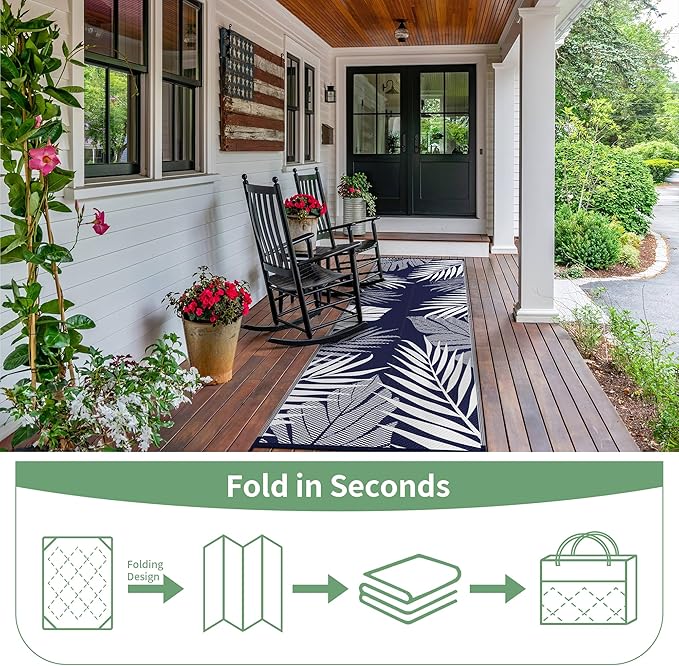 GENIMO Outdoor Rug 2.5' x 8' Waterproof for Patios Clearance, Reversible Outdoor Plastic Straw Camping Rug Carpet, Large Area Rugs Mats for RV, Camper, Deck, Balcony, Porch, Beach, Navy Blue&White-HomvellaHome