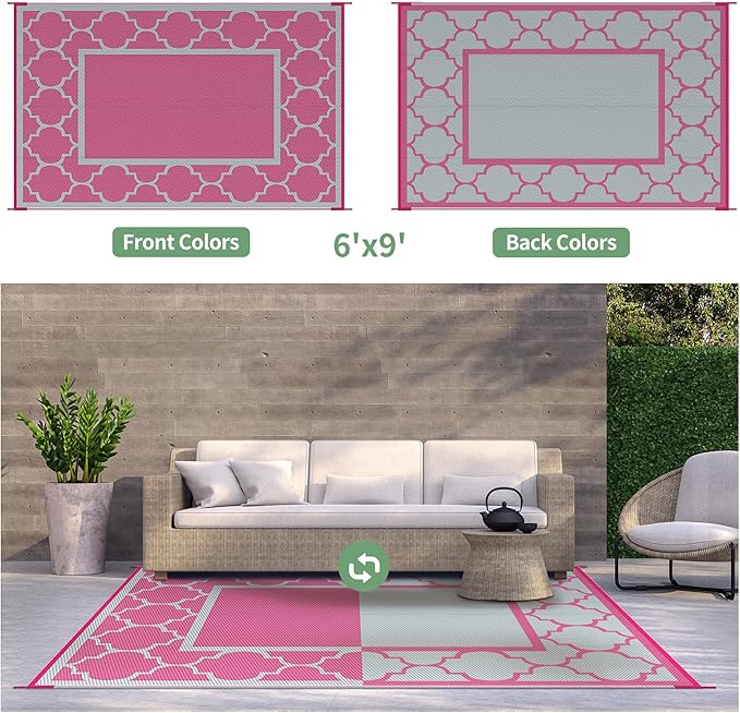 GENIMO 6' x 9' Outdoor Rug Waterproof for Patio Decor, Foldable Reversible Plastic Straw Area Rugs Mat for Camper, Outside Carpet for Rv, Deck, Porch, Picnic, Beach, Balcony, Pink & Grey-HomvellaHome