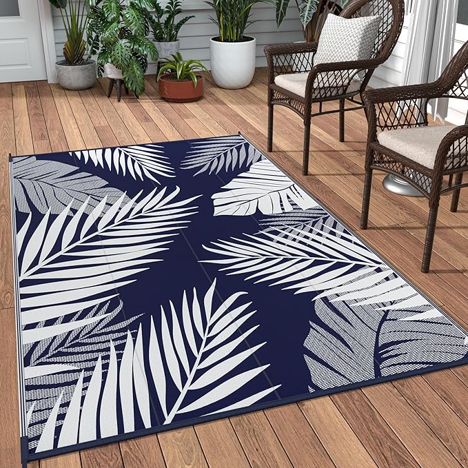 GENIMO Outdoor Rug 3' x 5' Waterproof for Patios Clearance, Reversible Outdoor Plastic Straw Camping Rug Carpet, Large Area Rugs Mats for RV, Camper, Deck, Balcony, Porch, Beach, Navy Blue&White-HomvellaHome