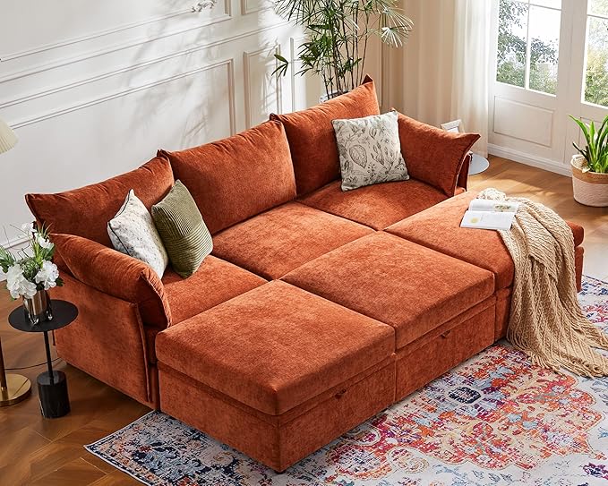 134.6" Oversized Modular Sectional Sofa, 6 Seater U Shaped Couch with Storage Ottoman with Reversible Chaise Deep Seat for Living Room, Apartment - Chenille Terracotta Orange-HomvellaHome