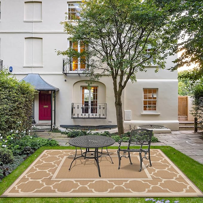 GENIMO 6' x 9' Outdoor Rug Waterproof for Patio Decor, Foldable Reversible Plastic Straw Area Rugs Mat for Camper, Outside Carpet for Rv, Deck, Porch, Picnic, Beach, Balcony, Brown & Beige-HomvellaHome