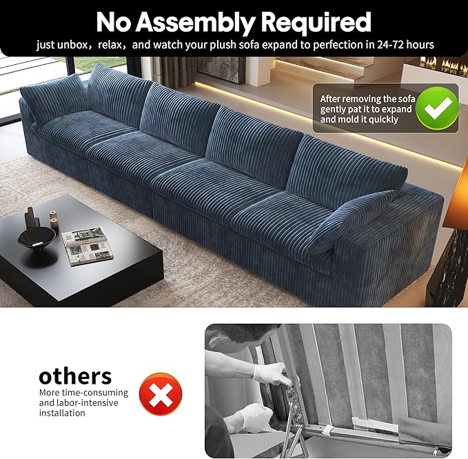 157.5" 4-Seater Cloud Sofa,Modular Sectional Couch,Modern Deep Seat Upholstered Couches with Plush Corduroy Fabric for Living Room Furniture,Bedroom and Apartment,No Assembly Required,Blue-HomvellaHome