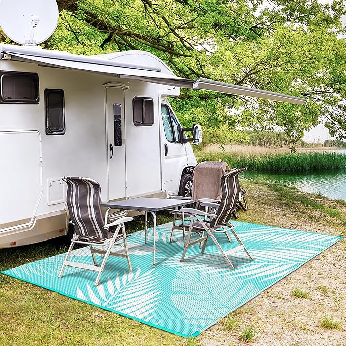GENIMO Outdoor Rug 6' x 9' Waterproof for Patios Clearance, Reversible Outdoor Plastic Straw Camping Rug Carpet, Large Area Rugs Mats for RV, Camper, Deck, Balcony, Porch, Beach, Aqua Blue&White-HomvellaHome