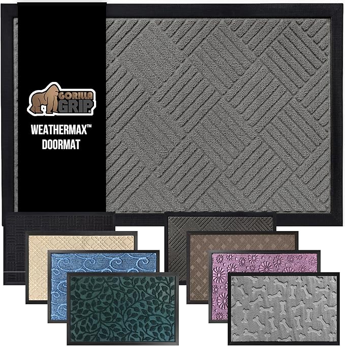GORILLA GRIP 100% Waterproof All-Season WeatherMax Doormat US Designed Natural Rubber, Stain and Fade Resistant, Low Profile Indoor Outdoor Door Mats, Easy Clean Patio Mat, 17x29, Steel Diamond-HomvellaHome