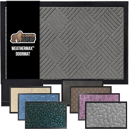 GORILLA GRIP 100% Waterproof All-Season WeatherMax Doormat US Designed Natural Rubber, Stain and Fade Resistant, Low Profile Indoor Outdoor Door Mats, Easy Clean Patio Mat, 17x29, Steel Diamond-HomvellaHome