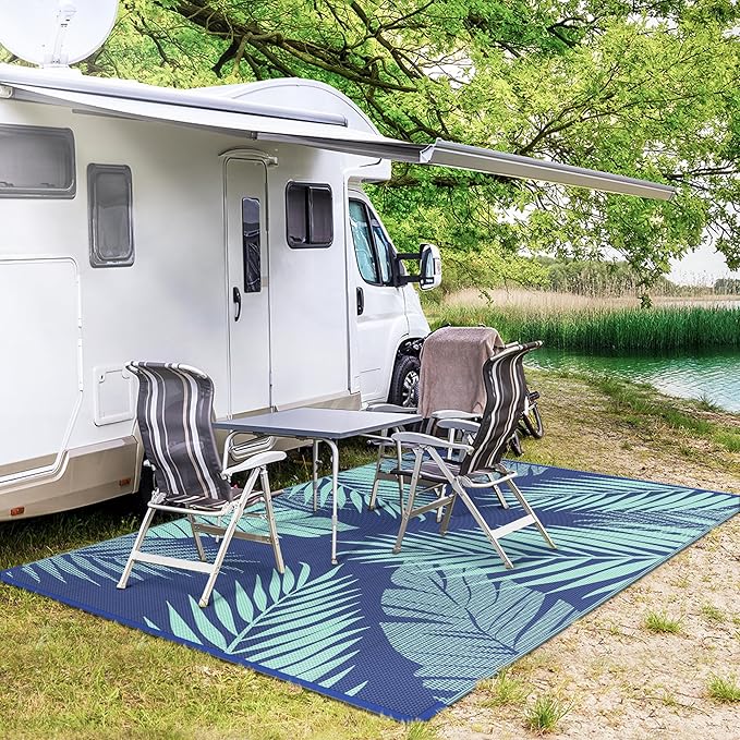 GENIMO Outdoor Rug 6' x 9' Waterproof for Patios Clearance, Reversible Outdoor Plastic Straw Camping Rug Carpet, Large Area Rugs Mats for RV, Camper, Deck, Balcony, Porch, Beach, Royal Blue&Blue Green-HomvellaHome