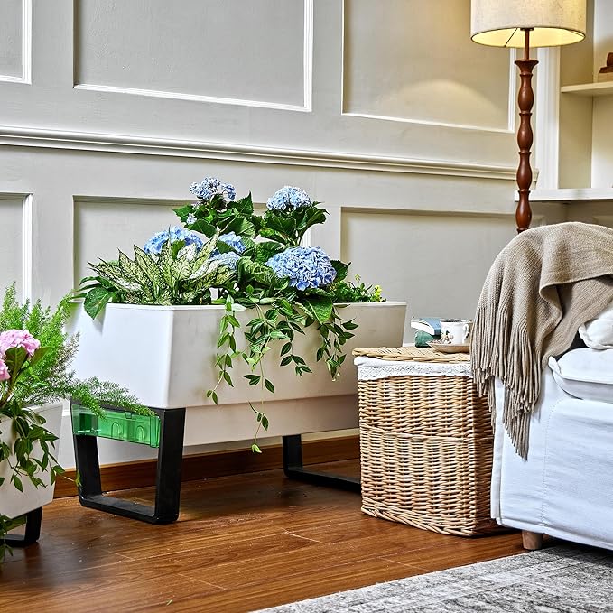 Glowpear Self Watering Planter Box - 29.5", White - UV Stable, Scalable Urban Raised Garden Bed with Water Gauge, Indoor Outdoor for Vegetables, Flowers, Herbs, and Succulents, Gardening-HomvellaHome