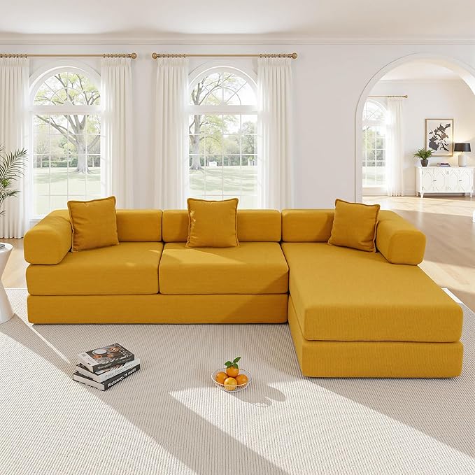 108" Oversized Convertible Sleeper Sofa Bed, Corduroy L Shape Sectional Couch, Folding Sofa Bed with Side Pocket, Modern Cloud Floor Mattress Couch, Modular Sofa for Living Room, Yellow-HomvellaHome