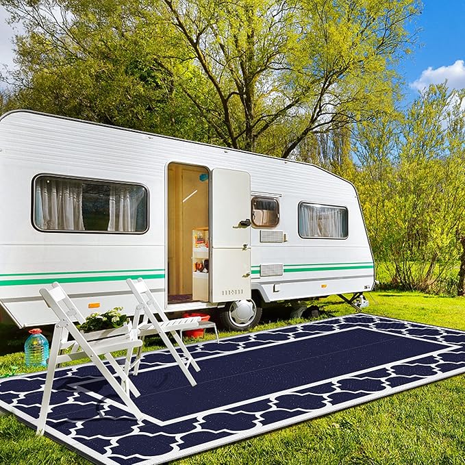 GENIMO 8' x 16' Outdoor Rug Waterproof for Patio, Foldable Reversible Plastic Straw Area Rugs Mat for Rv Decor, Outside Carpet for Camper, Deck, Picnic, Beach, Balcony, Porch, Blue & White-HomvellaHome