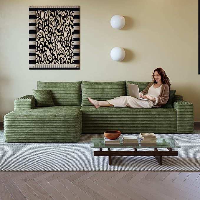 108" Sectional Couches for Living Room Modern Modular Sofa with L-Shape Couchs Upholstered Boneless Couch Deep Seat Sectional Couch with Chaise (Green, Left Facing Chaise+2Seaters)-HomvellaHome