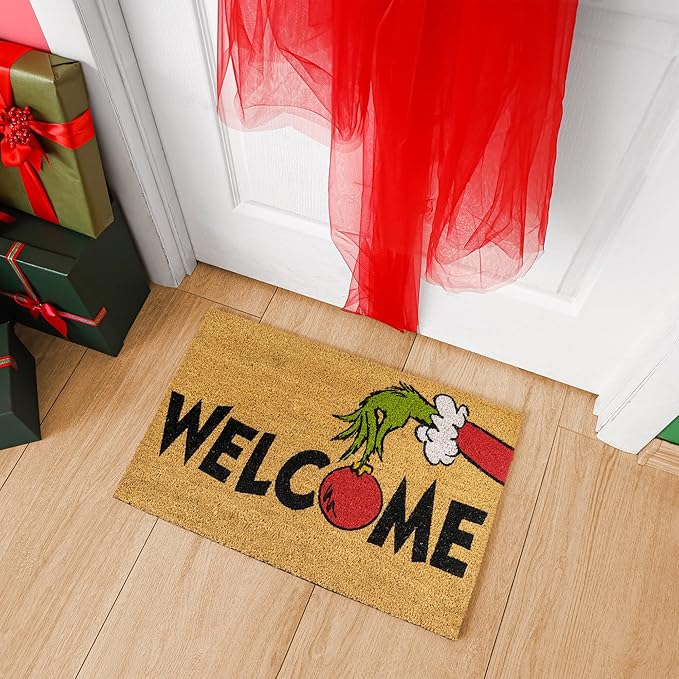 Gertmenian Disney Mickey Mouse Doormat Rug Retro Front Door Coir Mat Home Indoor Outdoor Entryway Carpet, 2-Pack 20x34, The Grinch Welcome/Merry Grinchmas-HomvellaHome