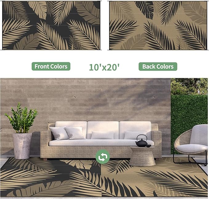 GENIMO Outdoor Rug 10' x 20' Waterproof for Patios Clearance, Reversible Outdoor Plastic Straw Camping Rug Carpet, Large Area Rugs Mats for RV, Camper, Deck, Balcony, Porch, Beach, Picnic, Black&Brown-HomvellaHome