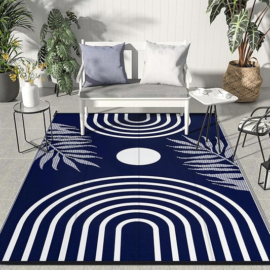 GENIMO Outdoor Rug 6' x 9' Waterproof for Patio Clearance, Reversible Lightweight Plastic Straw Camping Carpet, Large Area Rugs Mats for Rv, Backyard, Deck, Porch, Picnic, Balcony, Mix-Blue & White-HomvellaHome