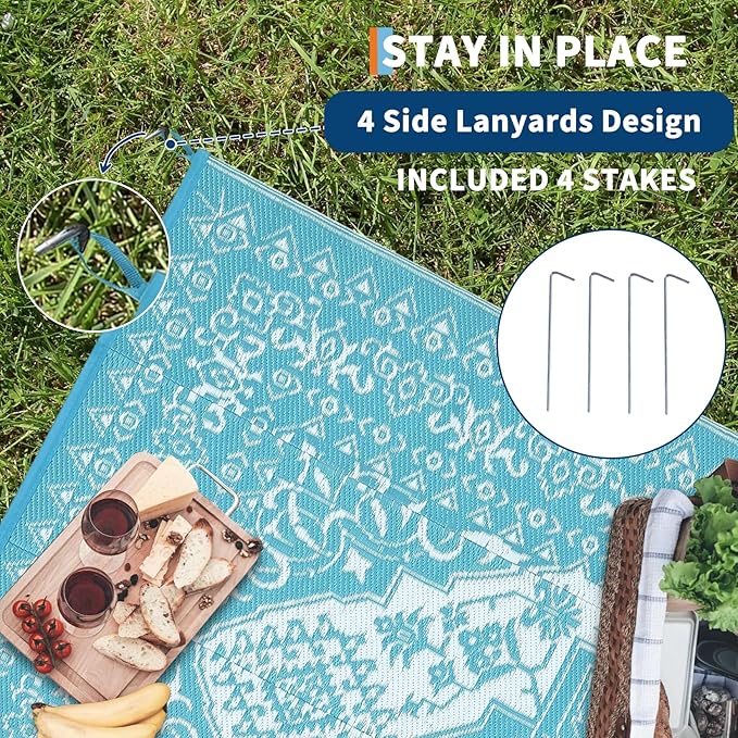 GAOMON Outdoor Rugs 8x10 Waterproof Reversible Outdoor Plastic Straw Rug, Large Patio Rugs UV-Resistant Portable RV Camping Mats, Vintage Boho Carpet for Deck Porch Garden, Light Blue & White-HomvellaHome