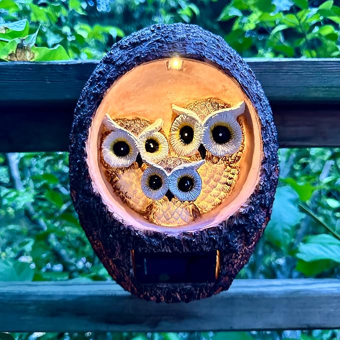 Garden Owl Family Tree Hugger Statue Solar Powered Outdoor Wall Mounted Figurine Light Resin Sculpture Home Decoration Housewarming Ornament Unique Gift-HomvellaHome