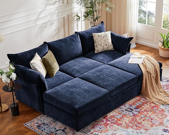 102.6" Luxury Modular Sleeper Sofa Bed 6 Seat Reversible Sectional Couch Deep Seat with Storage Chaises Removable Cover for Living Room, Apartment - Chenille Blue-HomvellaHome