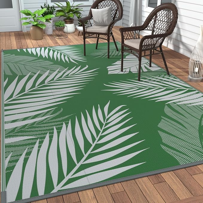 GENIMO Outdoor Rug 6' x 9' Waterproof for Patios Clearance, Reversible Plastic Straw Camping Carpet, Large Area Rugs Mats for RV, Picnic, Backyard, Deck, Balcony, Porch, Beach, Green&Grey-HomvellaHome