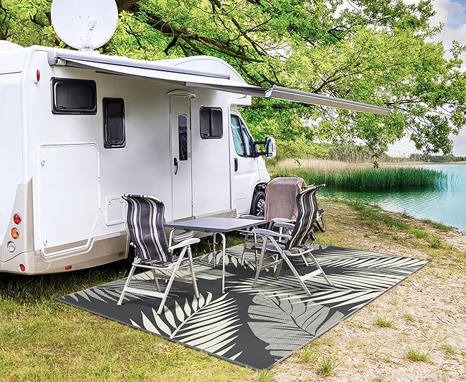 GENIMO Outdoor Rug 6' x 9' Waterproof for Patios Clearance, Reversible Plastic Straw Camping Carpet, Large Area Rugs Mats for RV, Picnic, Backyard, Deck, Balcony, Porch, Beach, Yellow&Grey-HomvellaHome