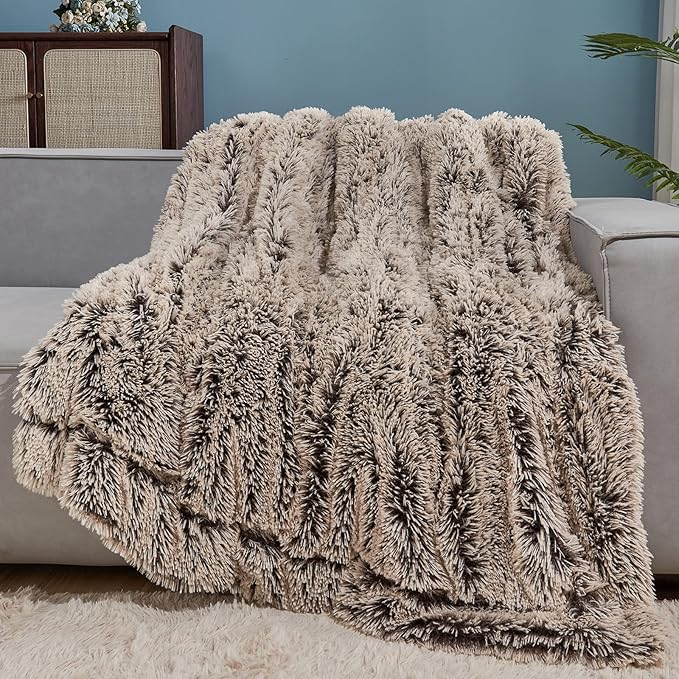 GONAAP Fuzzy Faux Fur Throw Blanket Twin Size Frosty Brown Super Soft Cozy Plush Fuzzy Shaggy Blanket for Couch Sofa Bed (Frosty Brown, Twin(60"x80"))-HomvellaHome