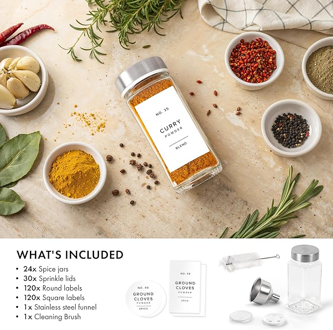 Glass Spice Jars with Label and Stainless Steel Lids (24 x 4oz) Spice Containers with 240 Labels, Shaker Inserts, Steel Funnel, Empty Square Empty Square Seasoning Organizer (White)-HomvellaHome