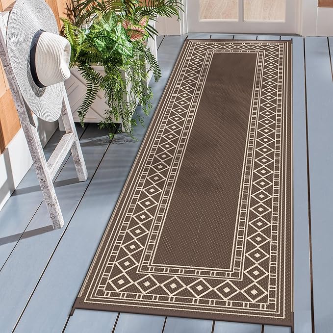 GENIMO Outdoor Rug Waterproof for Patio Decor, 2.5'x8' Foldable Reversible Plastic Straw Runner Rugs Carpet for Porch, Outside Area Mat for Rv, Deck, Picnic, Camper, Balcony, Coffee & Beige-HomvellaHome