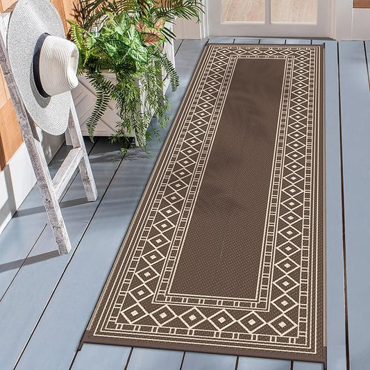 GENIMO Outdoor Rug Waterproof for Patio Decor, 2.5'x8' Foldable Reversible Plastic Straw Runner Rugs Carpet for Porch, Outside Area Mat for Rv, Deck, Picnic, Camper, Balcony, Coffee & Beige-HomvellaHome