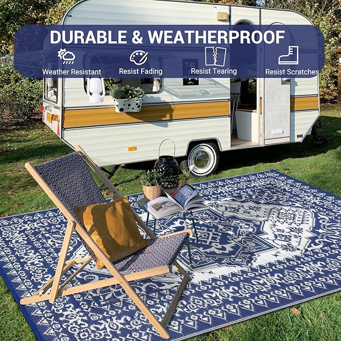 GAOMON Large Outdoor Plastic Straw Rug 10x14 Waterproof Patio Rug Reversible Foldable Portale Camping Mat with Stakes & Bag, Vintage Boho Outside Carpet for RV Garden Deck Porch, Navy-HomvellaHome