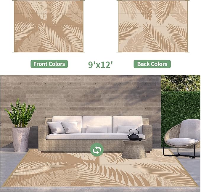 GENIMO Outdoor Rug 9' x 12' Waterproof for Patios Clearance, Reversible Outdoor Plastic Straw Camping Rug Carpet, Large Area Rugs Mats for RV, Camper, Deck, Balcony, Porch, Beach, Picnic, Brown&Beige-HomvellaHome