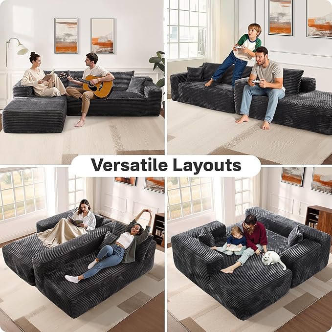 104" Cloudy Sectional L Shaped Couch for Living Room, No Assembly Required, Modular Comfy Sofa with Deep Seat, Fluffy Couch with Sleeper Chaise for Apartment Lounge (Grey)-HomvellaHome