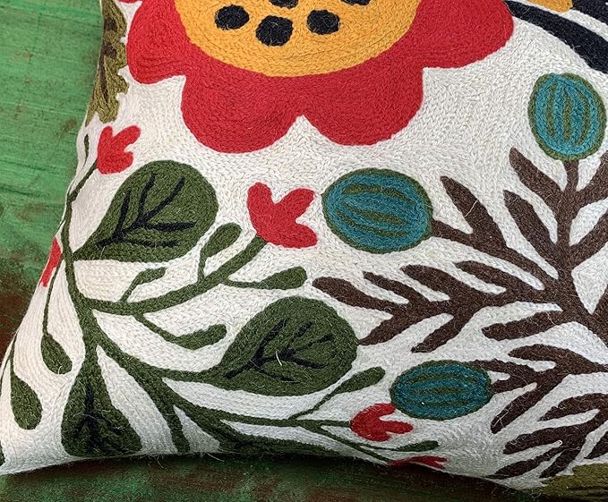 Lumbar Cream Suzani Cushions - Boho Floral Throw Pillows | Outdoor Pillows & Chair Cushions - Hand Embroidered Wool Size - 14x20-HomvellaHome