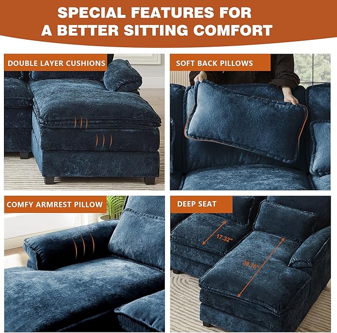 113" Oversized Cloud Couch, U Shape Sectional 4 Seat Sofa with Double Chaises, 2 Layer Cusions, Deep Seat Comfy Sofa, Upholstery Chenille Fabric for Living Room, Blue-HomvellaHome