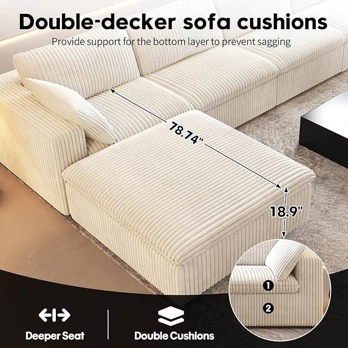 118" U Shaped Modern Sofa Modular Sectional Cloud Couch with 2 Ottoman,Upholstered Couches with Corduroy Fabric for Living Room Furniture,Bedroom and Apartment,No Assembly Required,White-HomvellaHome