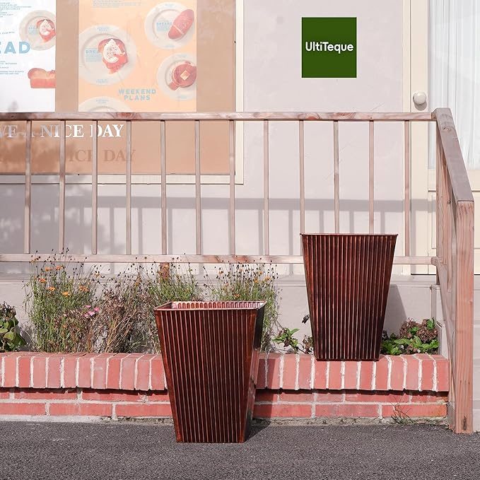 18in Vintage Handmade Metal Vertical Lines Copper Tapered Planters Set of 2, Galvanized Steel Planter Box with Drainage Hole for Indoor/Outdoor/Porch/Garden-HomvellaHome