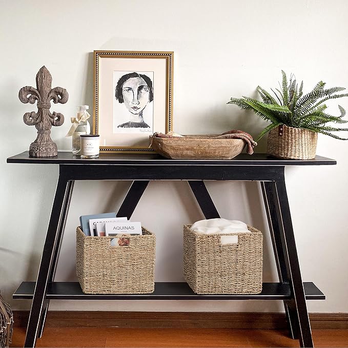 12x12x10in Seagrass Storage Baskets Set of 4, Large Wicker Storage Basket, Decorative Seagrass Shelf Basket, Pantry Baskets Organization,Folding Storage Cube Bins-HomvellaHome