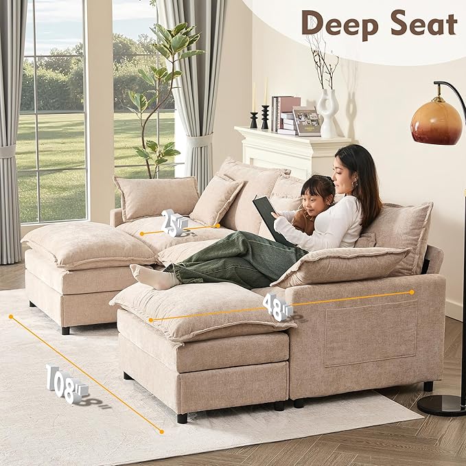 108" U Shaped Couch, Modular Sectional Sofa, 3-Seater Comfy Cloud Couch with Movable Ottoman, Deep Seat Couches for Living Room, Chenille, Flat White-HomvellaHome