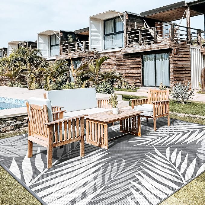 GENIMO Outdoor Rug 10' x 10' Waterproof for Patios Clearance, Reversible Outdoor Plastic Straw Camping Rug Carpet, Large Area Rugs Mats for RV, Camper, Deck, Balcony, Porch, Beach, Picnic, Grey&White-HomvellaHome