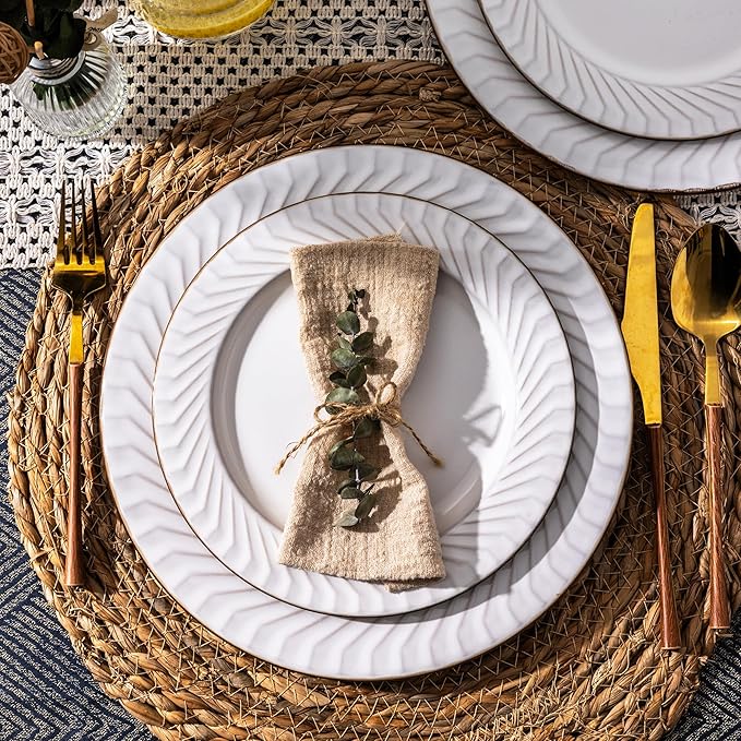 GBHOME Ceramic Dinnerware Sets,12 pcs Embossed Elegant Stoneware Plates and Bowls Sets, Housewarming Wedding Gift | Dishwasher & Microwave Safe | Dishes Set Service for 4-HomvellaHome