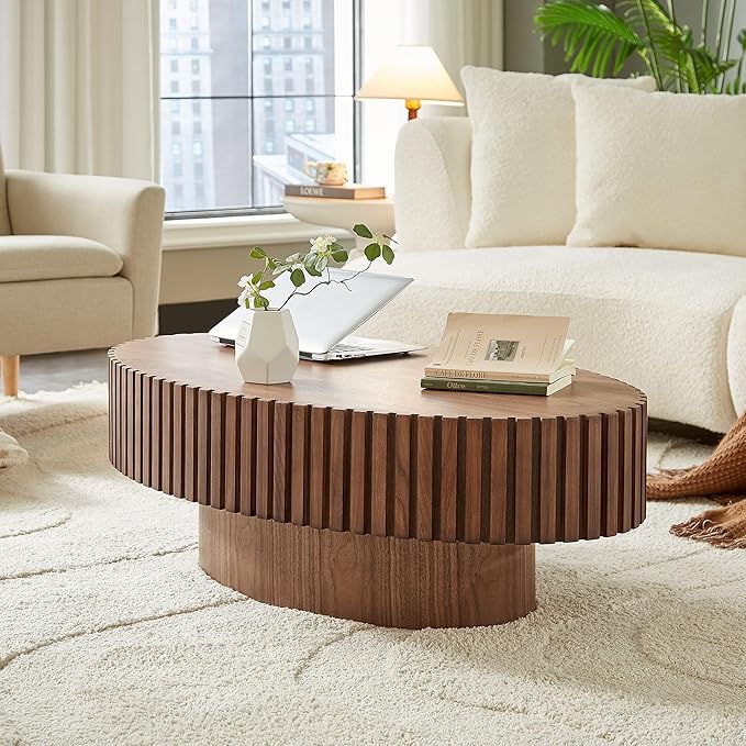 Oval Coffee Table for Living Room, Modern Fluted Coffee Tables with Pedestal Base, Handcrafted Centre Tea Tables Easy Assembly-43.7" Walnut-HomvellaHome