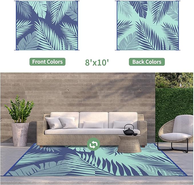 GENIMO Outdoor Rug 8' x 10' Waterproof for Patios Clearance, Reversible Outdoor Plastic Straw Camping Rug Carpet, Large Area Rugs Mats for RV, Camper, Deck, Balcony, Porch, Beach Royal Blue&Blue Green-HomvellaHome