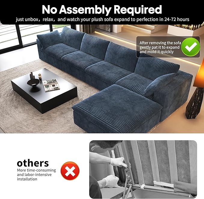 157.5" L Shaped Modern Sofa Modular Sectional Cloud Couch with Ottoman,Deep Seat Upholstered Couches with Corduroy Fabric for Living Room Furniture,Bedroom and Apartment,No Assembly Required,Blue-HomvellaHome