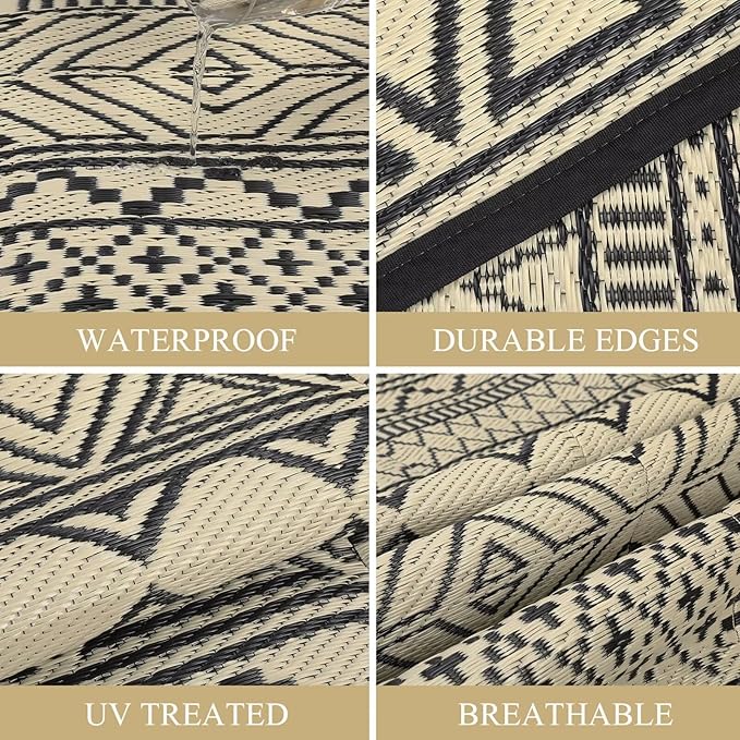 GAOMON Outdoor Rug for Patio Clearance 5x8 Reversible Plastic Straw Patio Rug for Camping Stain & UV Resistant RV Mats for Porch, Deck, Backyard, Camper, Balcony, Picnic, Black&Brown-HomvellaHome