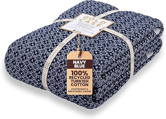 Gold Case Throw Blanket for Bed – 100% Recycled Turkish Cotton Bed Blanket – Decorative Throw Cotton Blankets for Living Room & Bedroom – Retro Navy Blue Woven Queen Blankets – 90x90-HomvellaHome