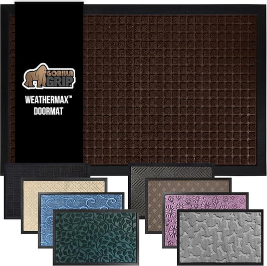GORILLA GRIP 100% Waterproof All-Season WeatherMax Doormat 35x23, US Designed Natural Rubber, Stain and Fade Resistant, Low Profile Indoor Outdoor Door Mats, Easy Clean Patio Mat, Coffee Squares-HomvellaHome