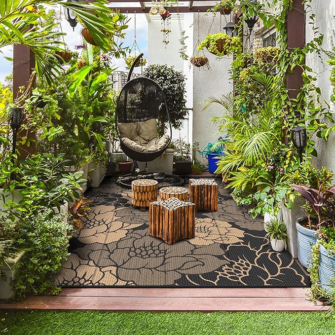 GENIMO Outdoor Rug Waterproof for Patio Decor, 8' x 10' Reversible Plastic Straw Floral Camping Carpet, Large Area Rugs Mats for RV, Camper, Deck, Balcony, Porch, Beach, Picnic, Mix-Black & Brown-HomvellaHome