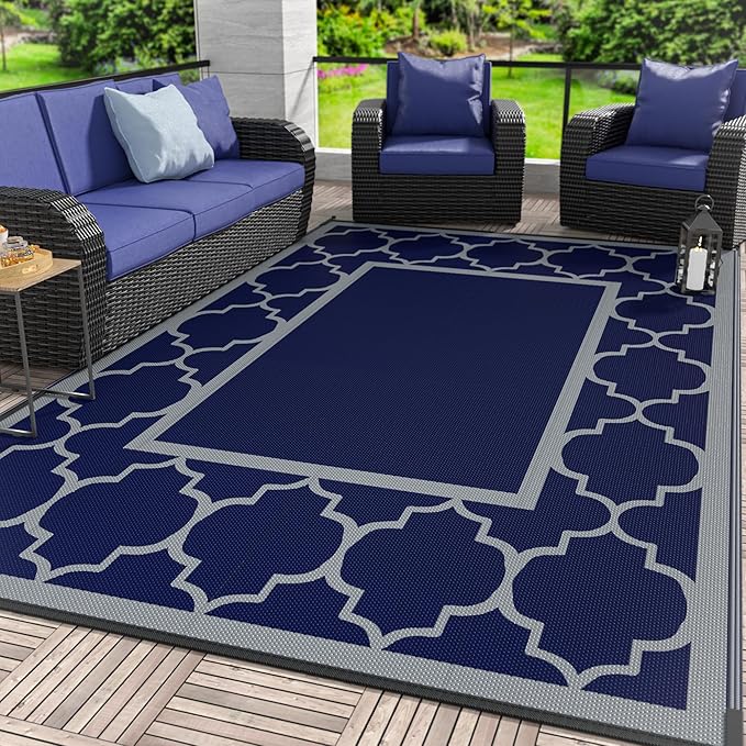 GENIMO Outdoor Rug 8' x 10' Patio Waterproof, Foldable Reversible Plastic Straw Area Rugs Mat for Camper Decor, Outside Carpet for Rv, Deck, Porch, Picnic, Beach, Balcony, Blue & Grey-HomvellaHome