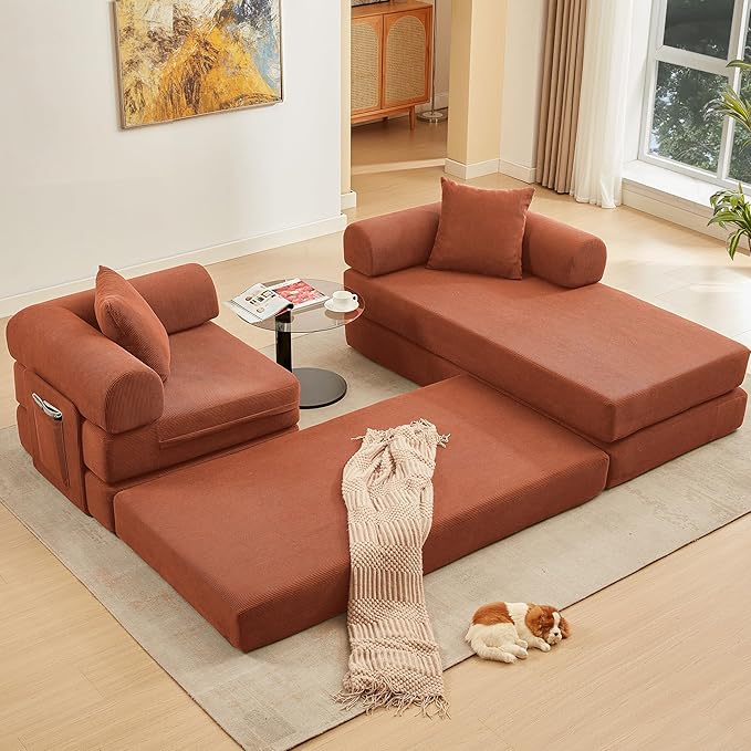 107" Oversized Convertible Sleeper Sofa Bed, Corduroy L Shape Sectional Couch, Folding Sofa Bed with Side Pocket, Modern Cloud Floor Mattress Couch, Modular Sofa for Living Room, Orange-HomvellaHome