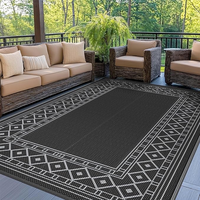 GENIMO Outdoor Rug 5'x8' Waterproof for Patio Decor, Reversible Outdoor Plastic Straw Rug Carpet, Camping Mats for Outdoor, RV, Backyard, Deck, Balcony, Picnic, Black & Grey-HomvellaHome