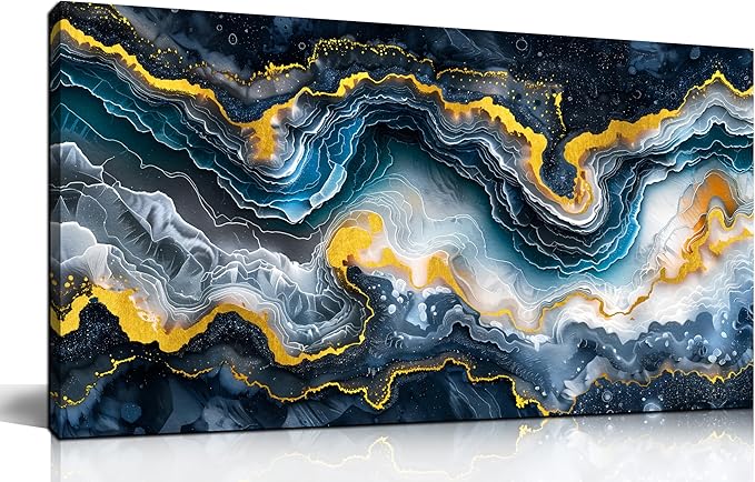 GUGIKA Abstract Wall Art for Living Room, Gold Black and Blue Canvas Wall-Art for Bedroom, Ocean Landscape Print Paintings, Size 40x20 Inches-HomvellaHome